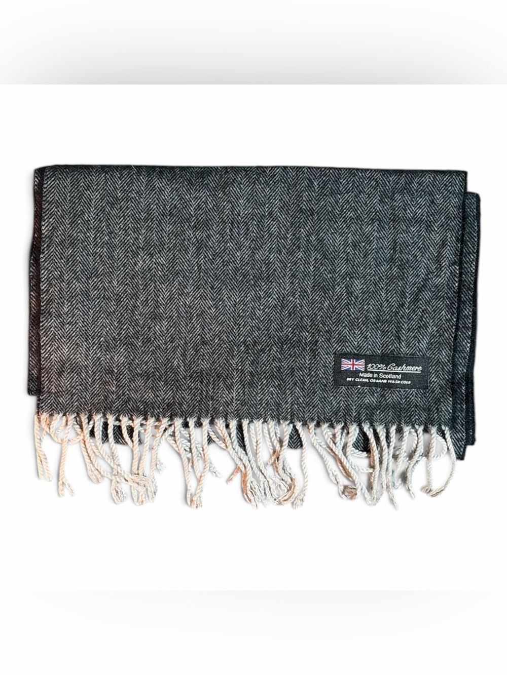 100% Cashmere Grey Herringbone Fringe Scarf Made in Scotland Unisex